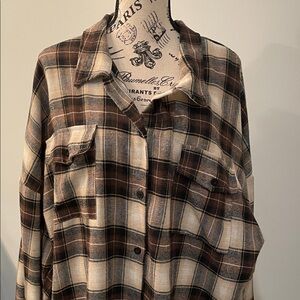 Brown and Cream Plaid Flannel Shirt
